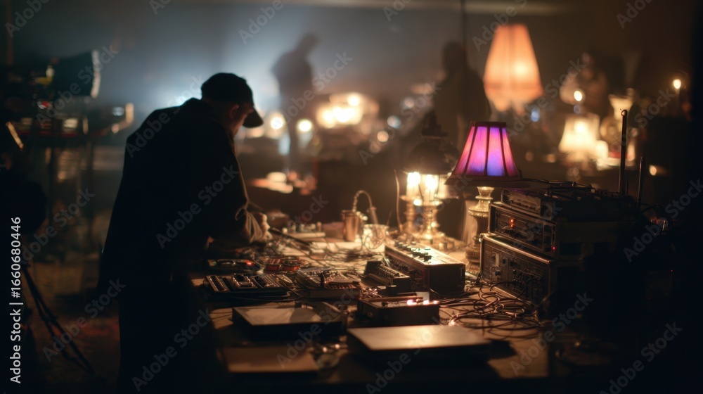 Poster medium shot of a crew member preparing wireless microphones on a cluttered table with indistinct fig
