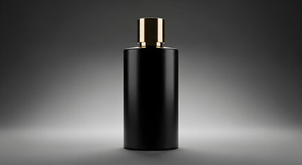 A glossy black cylindrical bottle with a gold cap, presented against a neutral backdrop.