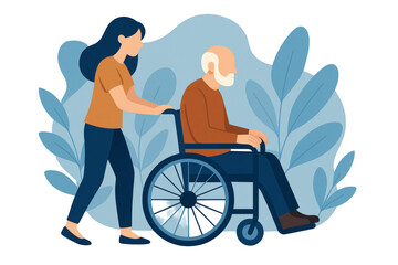 Experienced nurse assisting senior patient in wheelchair, supporting mobility and independence with compassionate medical care on clean white background