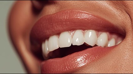 Close-up of smiling woman with perfect white teeth and glossy lips, concept of dental health and cosmetic dentistry - Powered by Adobe
