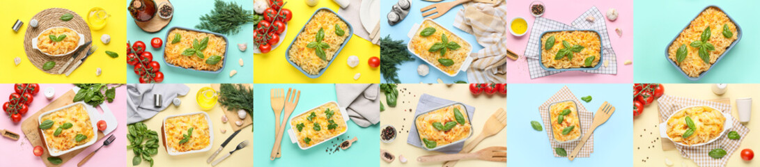Collage of tasty baked pasta with cheese on color background, top view