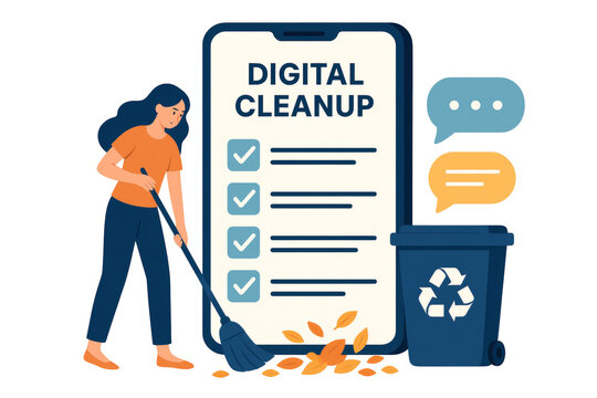 Woman sweeping autumn leaves from smartphone screen, cleaning digital clutter with broom near checklist and recycle bin on transparent background