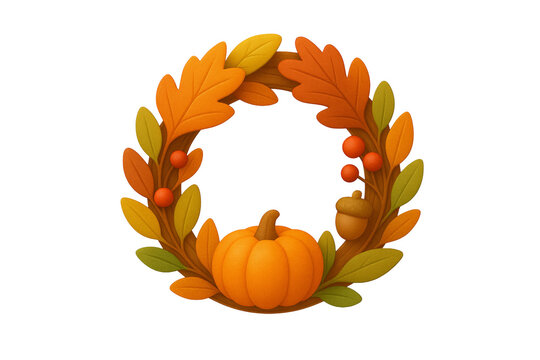 Autumnal wreath displaying rich hued leaves, ripe pumpkin, crimson berries, textured acorn on transparent backdrop, capturing seasonal warmth and decorative elegance