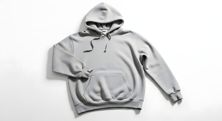 Obraz premium Gray hoodie, laid flat, on a white background, showcasing its simple design.