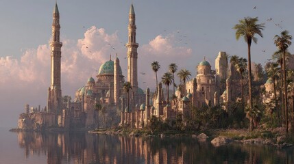 Fototapeta premium Fantasy city by calm water