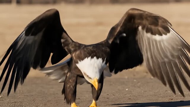 Bald Eagle landing on the ground with wings spread.	