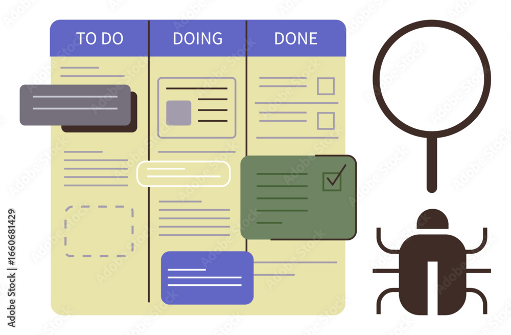 Poster task board featuring to do, doing, and done columns with cards, magnifying glass, and a bug icon. id
