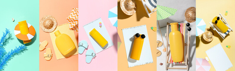 Collection of sunscreen with mini beach accessories on color background