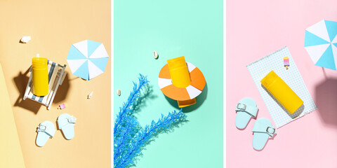 Collage of sunscreen with mini beach accessories on color background, top view