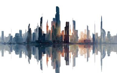 A futuristic city skyline with a transparent background, in the style of a PNG image