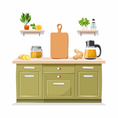 Kitchen Countertop with Herbs, Ginger, and Tea