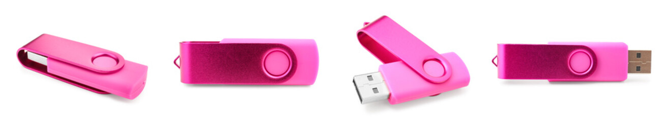 Collage of pink flash drivers on white background