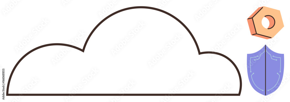 Poster cloud outline paired with security shield and hexagonal network element. ideal for cybersecurity, da