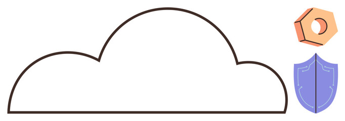 Cloud outline paired with security shield and hexagonal network element. Ideal for cybersecurity, data protection, cloud computing, network infrastructure, IT services, privacy assurance, and online