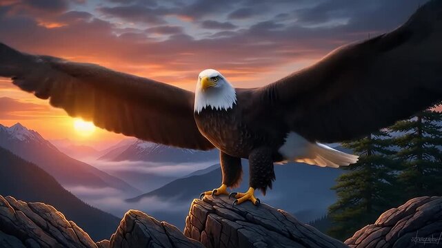 Majestic Bald Eagle on a mountain peak at sunset.	