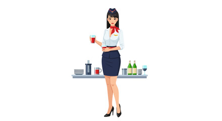 Elegant stewardess serving refreshments on a sleek modern aircraft, vector