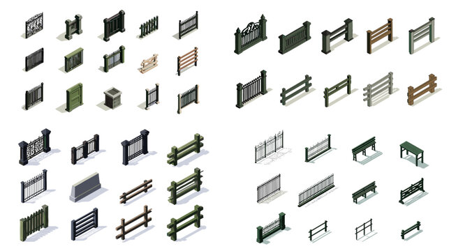 Isometric collection of fences, gates, and barriers in various materials and colors. Great for architecture, construction, and urban landscape design.