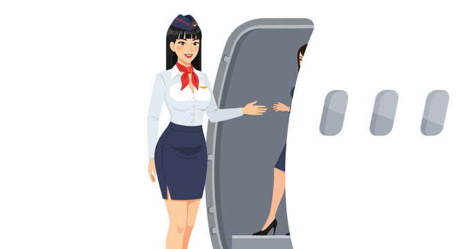 Elegant stewardess welcomes passengers aboard aircraft with cheerful demeanor