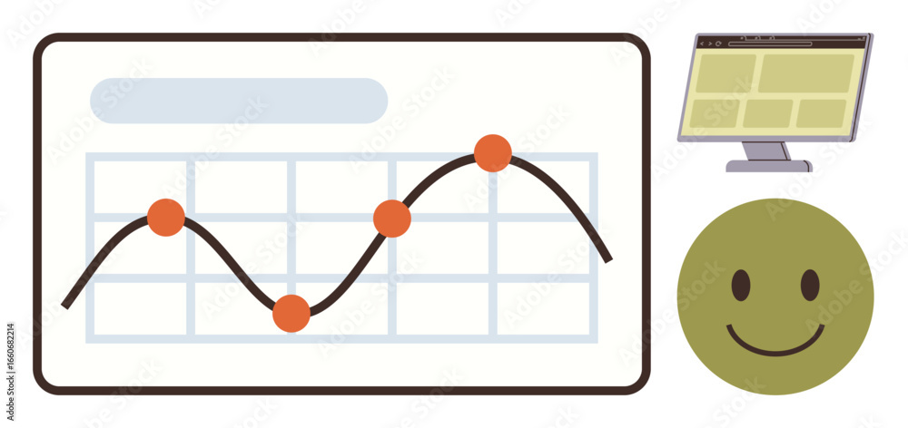 Poster growth trendline with data points on chart, computer monitor displaying details, happy smiling face.