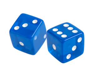 Two translucent blue dice showing numbers for chance, luck, and gambling concepts