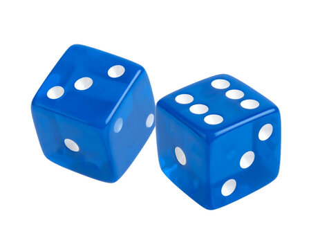 Two translucent blue dice showing numbers for chance, luck, and gambling concepts
