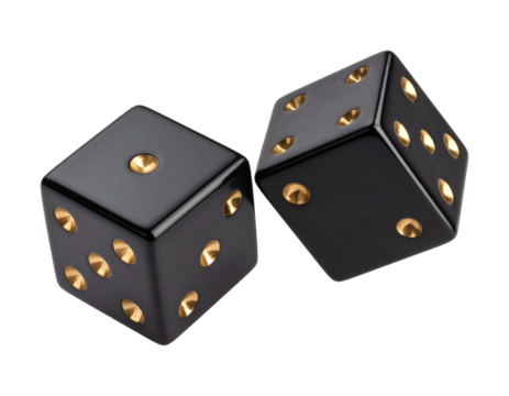 Sharp black dice with gold pips hint at chance, luck, and gaming excitement, perfect for casino or board game themes.
