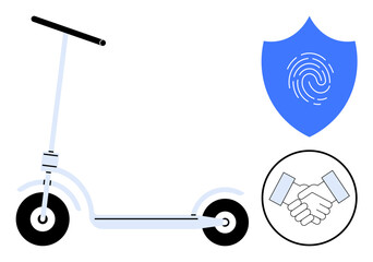 Electric scooter with a blue shield symbol indicating fingerprint security and a handshake icon symbolizing trust. Ideal for mobility, technology, innovation, safety, urban transport, digital