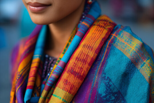 A close-up of a Burmese woman with a traditional 'longyi' (sarong), showcasing the vibrant fabric patterns and cultural dress.