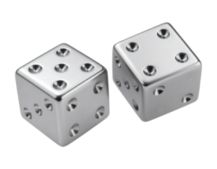 Shiny metal dice glinting with potential for luck, chance, or casino game success