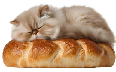 A Persian cat sleeping on top of an oversized, large, twisted bread loaf, transparent background. 