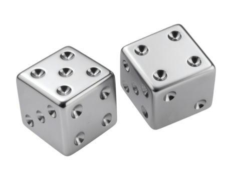 Shiny metal dice glinting with potential for luck, chance, or casino game success