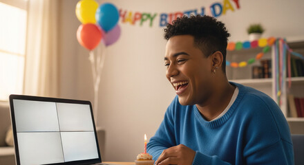 Happy young man on a virtual birthday party video call with friends
