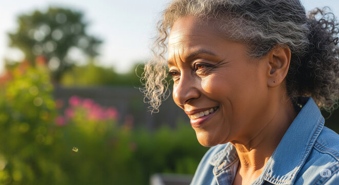 Happy senior Black woman smiling in a beautiful sunlit outdoor garden
