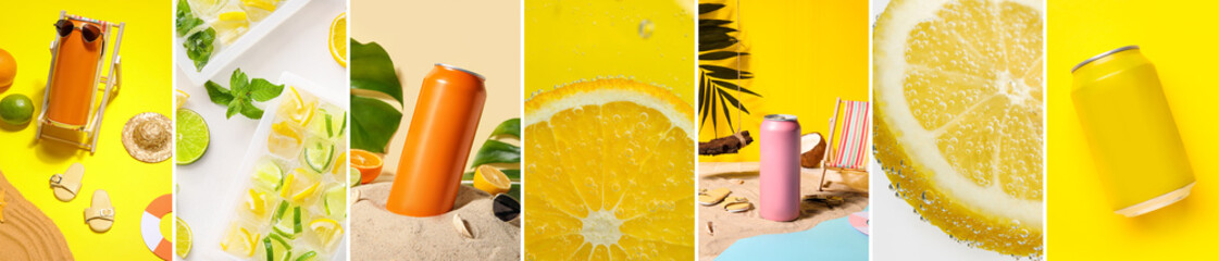 Collage of soda drinks with beach accessories, citrus fruits and ice cubes on color background