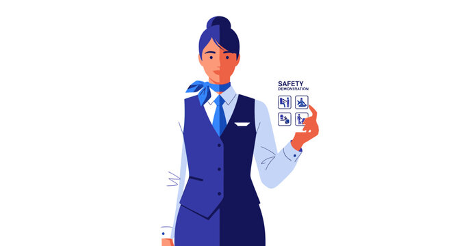 Stylized illustration of a flight attendant doing a safety demonstration