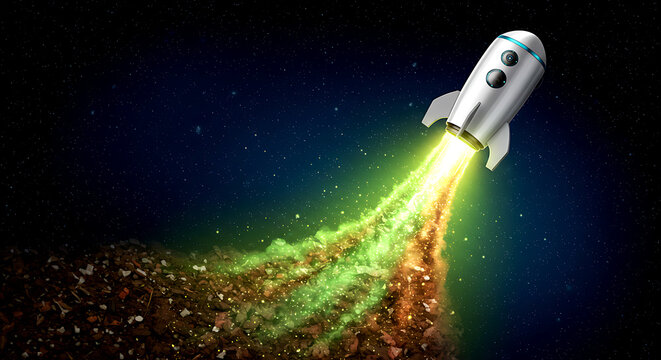 A rocket launch in the night sky, symbolizing a successful take-off, a futuristic illustration with a trail of fire and sparks, representing progress and innovation.