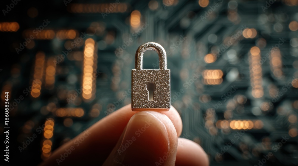 Poster focused shot of a padlockshaped usb device held in hand against an outoffocus backdrop of circuit bo