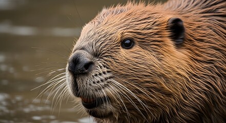 A close up shot of a beaver with wet fur and whiskers near the water looking to the side slightly