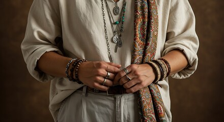 Bohemian Elegance: A person embodies a free-spirited ethos, adorned with intricate jewelry and accessories. The attire exudes a relaxed yet fashionable aesthetic, inviting contemplation. 