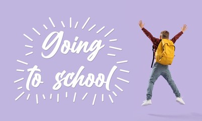 Little boy with backpack jumping on lilac background. Going to school