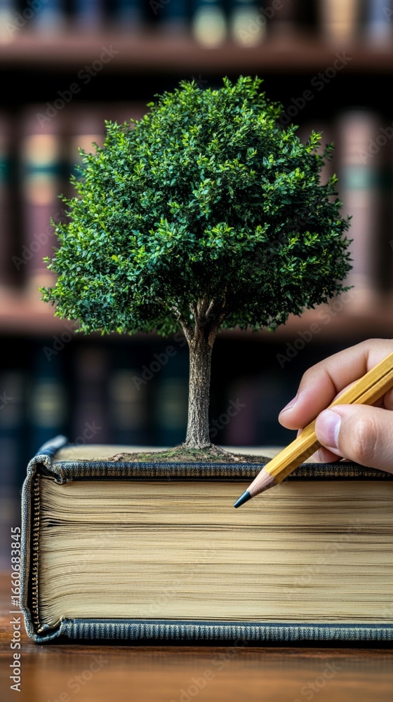 Poster growing knowledge: a miniature green tree sprouts from an open book, symbolizing the power of learni
