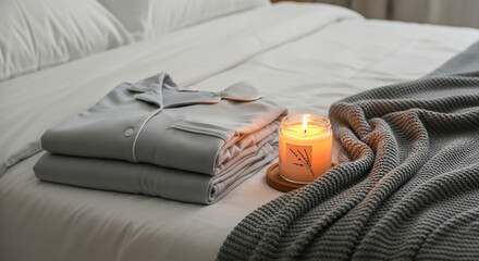 Folded pajamas and lit candle on bed with white sheets and gray knit blanket