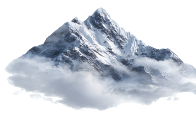 A snow-covered mountain peak emerging from clouds, isolated on a transparent background. PNG file.