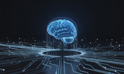 A translucent, glowing blue brain hovers above a circuit board, encompassed by a protective dome, suggesting digital intelligence and neural networks