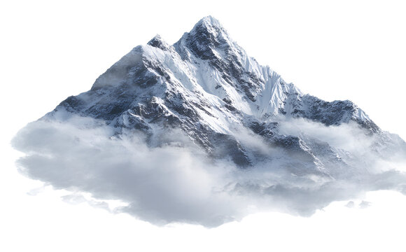 A snow-covered mountain peak emerging from clouds, isolated on a transparent background. PNG file. 
