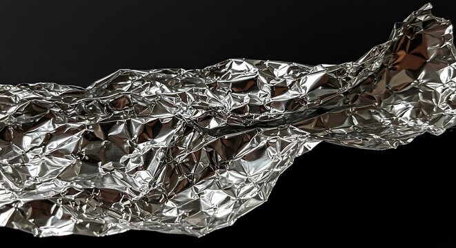 Aluminum Foil Texture: An evocative close-up of crumpled aluminum foil against a dark backdrop, highlighting the texture and light reflections on its metallic surface.