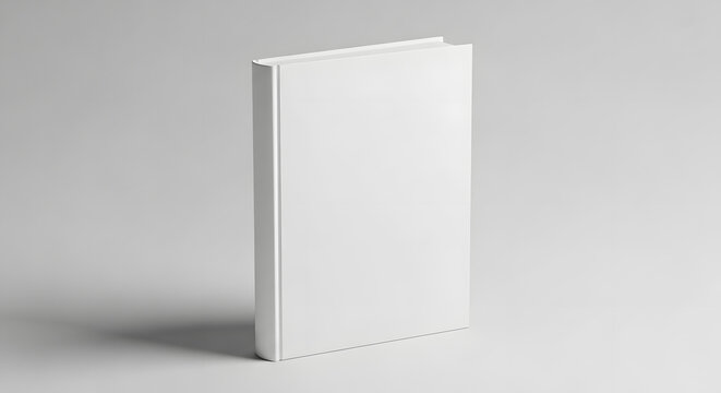 A single, blank, white book stands upright against a plain, light gray background.