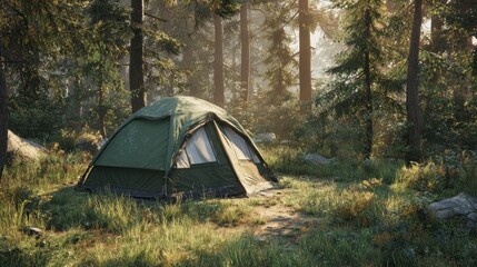 Forest camping tent morning light