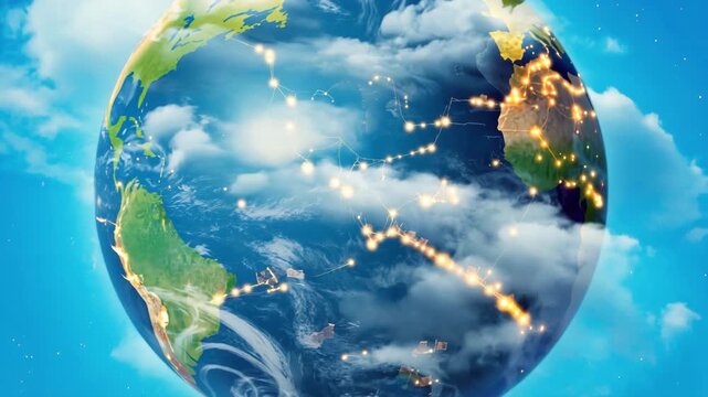 Planet Earth Floating in Blue Sky with Clouds and Stars