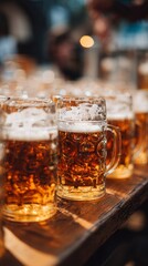 Refreshing craft beer in traditional glass mugs, perfect for gatherings and celebrations, showcasing the vibrant golden color and frothy head, inviting you to indulge.